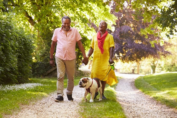 couple walking their dog