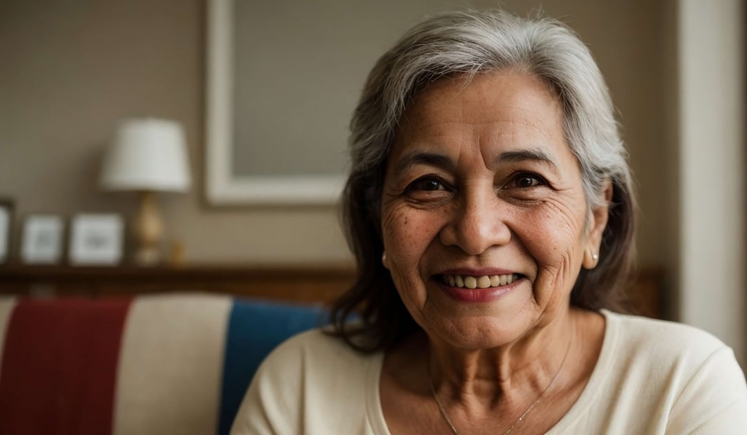 Older Latino woman at home on her sofa