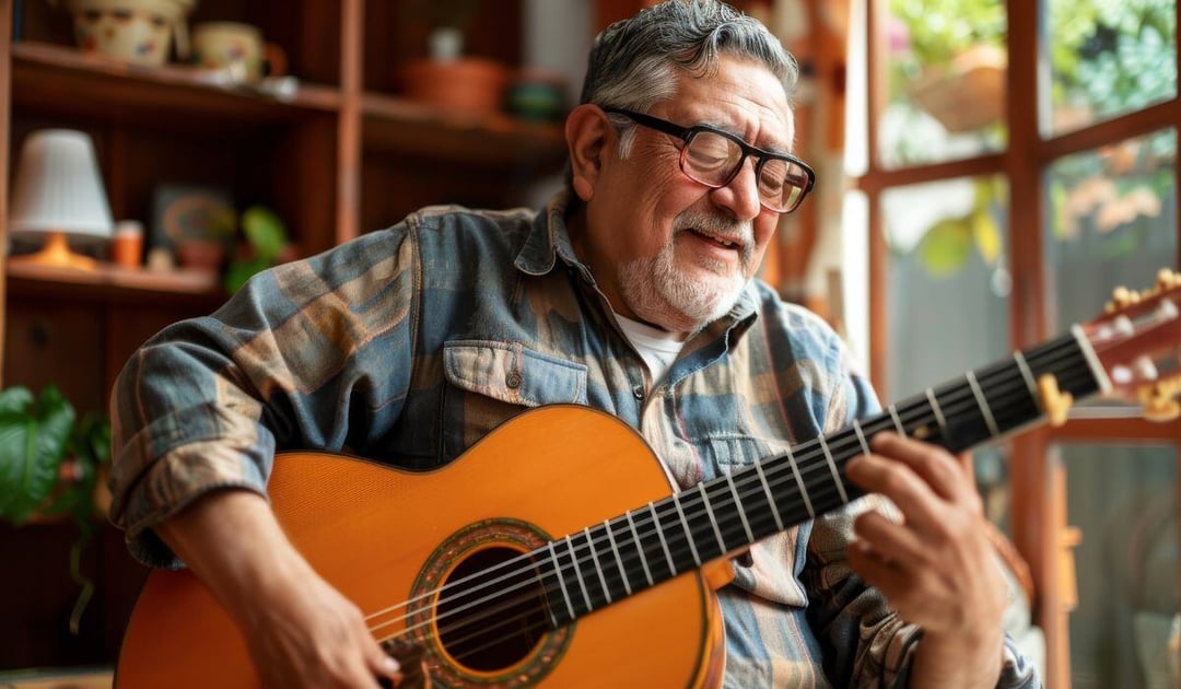 Older Latino man playing guitar at home