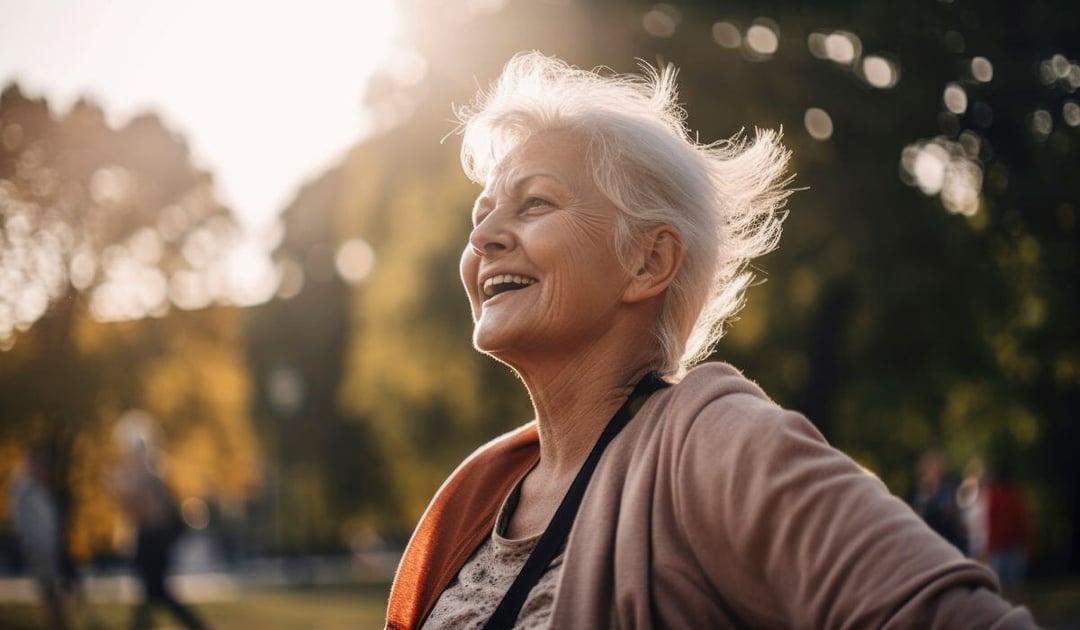 Older woman walking outside